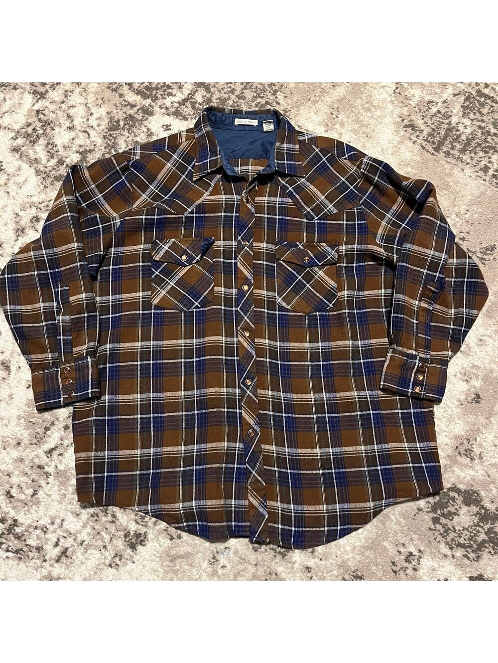 Vintage flannel pearl snap button down long sleeve shirt, brown, men’s size XL